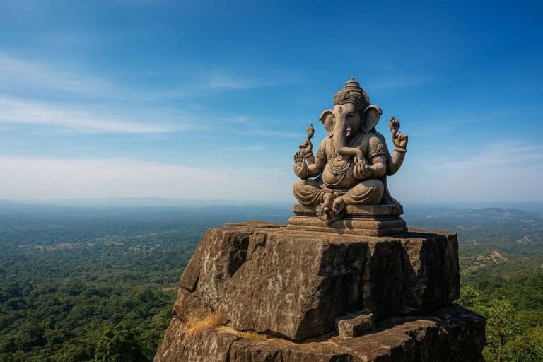 Artistic interpretation of Dholkal Ganesh Temple on a mountain cliff in Chhattisgarh