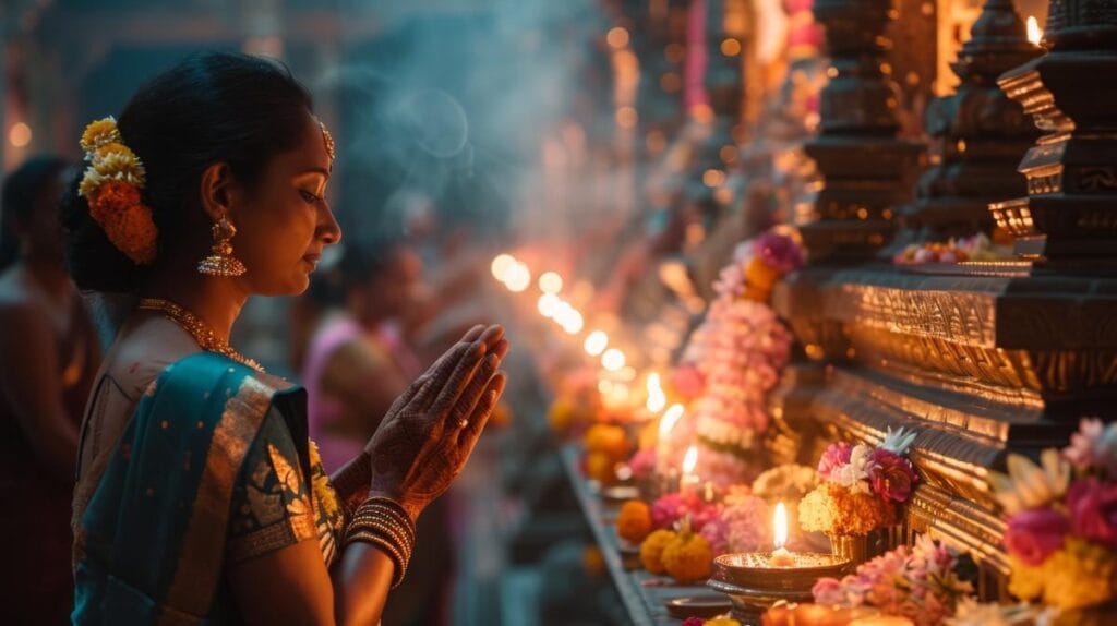 Indian woman praying in traditional attire at a temple during festival celebration