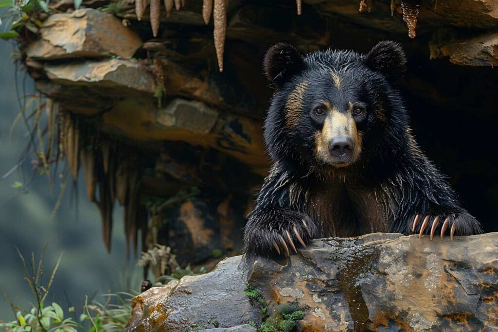 Wild bear peeking out from a cave at Jungle Safari Raipur, Chhattisgarh.