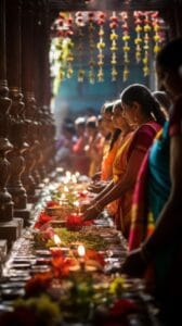 Indian women offering prayers with lit oil lamps in a traditional temple during a Hindu festival