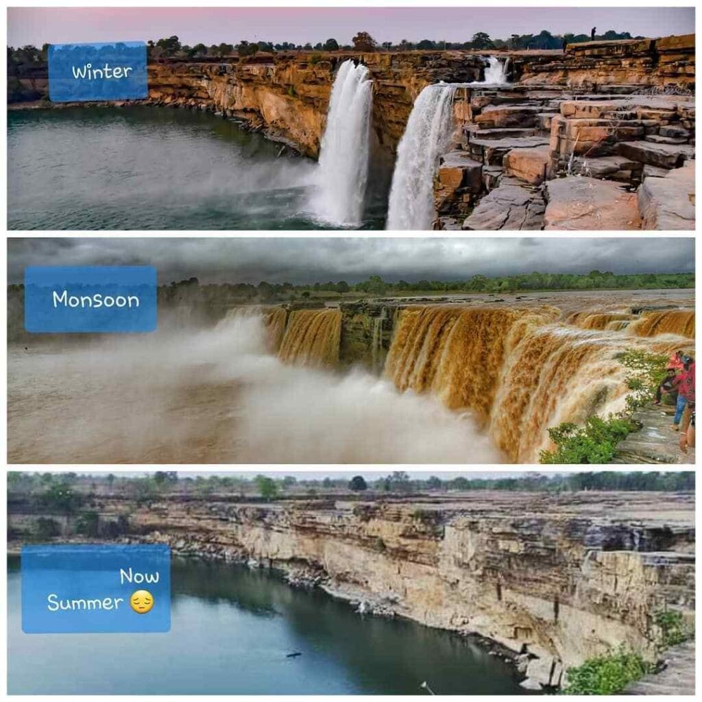 Chitrakote Waterfall in winter, monsoon, and summer seasons showing water flow changes